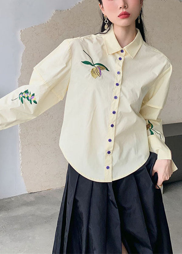 Beige Embroideried Patchwork Cotton Shirt Top Spring
