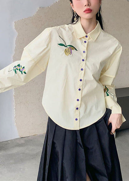 Beige Embroideried Patchwork Cotton Shirt Top Spring