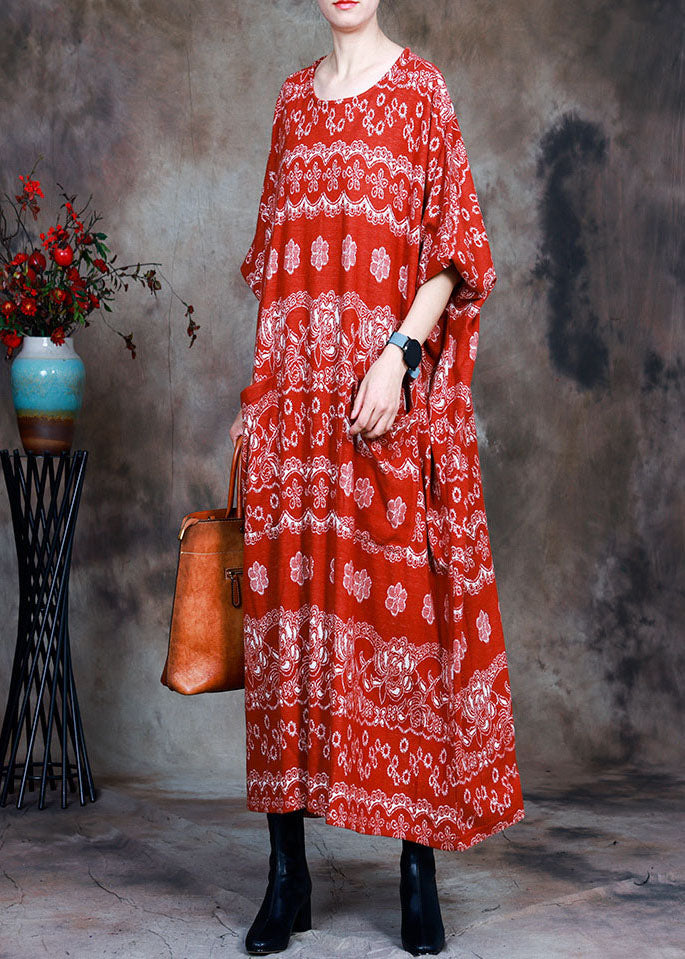 Natural Red Knit O-neck Pockets Fall Dress