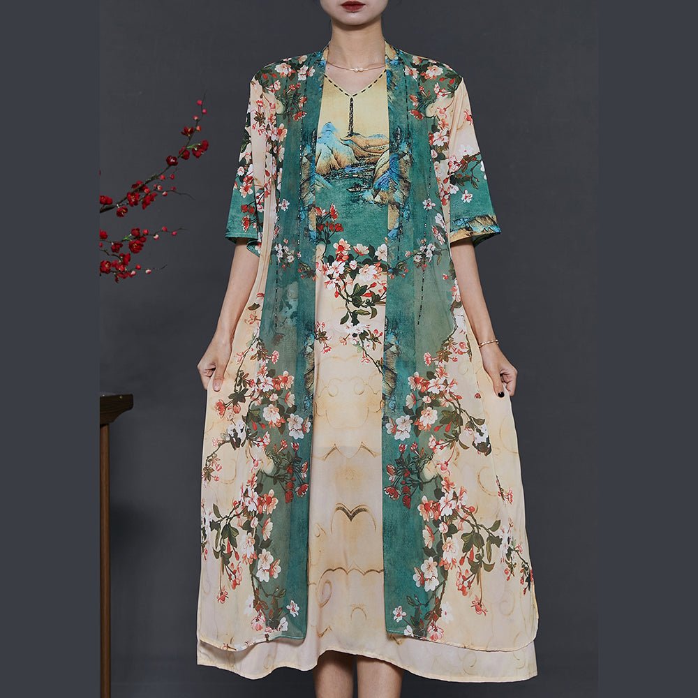 Apricot Print Chiffon Fake Two Piece Dress Summer