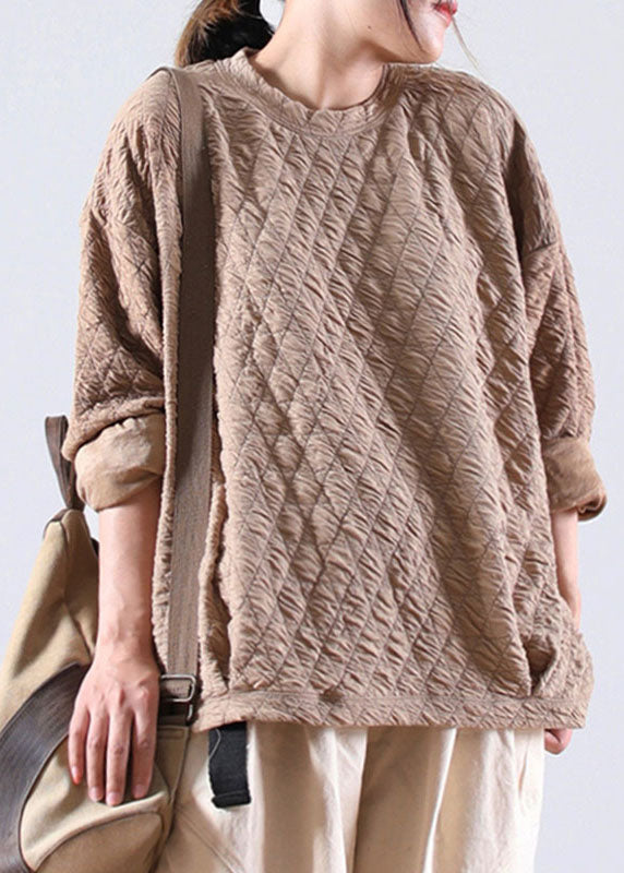 Khaki Loose O-neck Fall Sweatshirt