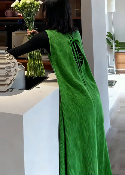 Green Backless Corduroy Long Dresses Sleeveless