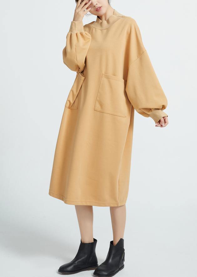 O Neck Cotton Spring Dresses Sleeve Camel Color Dresses