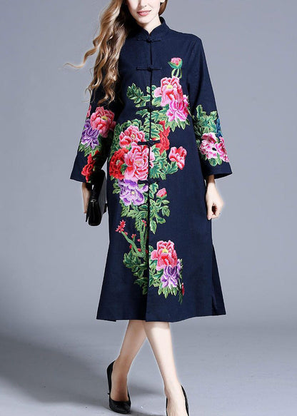 Navy Stand Collar Embroideried Button Coats Long Sleeve