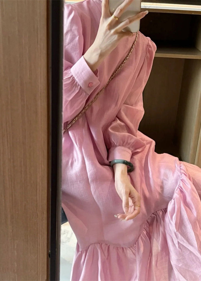 Pink O-neck Patchwork Wrinkled Long Dress Spring