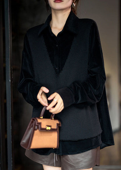 Chocolate Peter Pan Collar Knit Patchwork Fake Two Piece Shirts