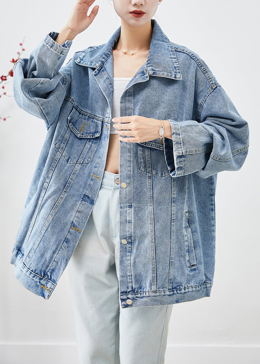 Blue Oversized Applique Denim Jacket Fall