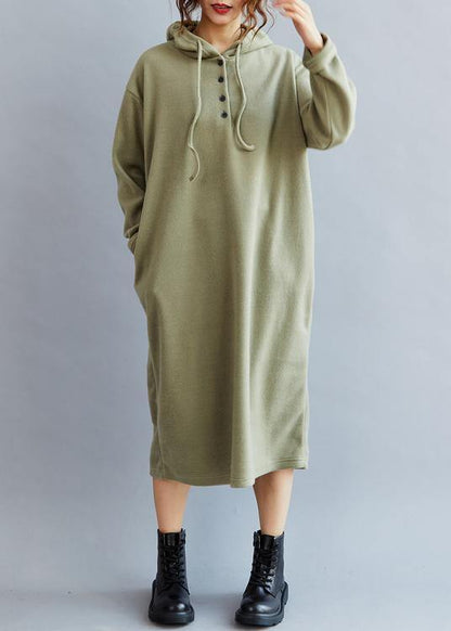 Handmade Drawstring Hooded Cotton Spring Dresses Green Long Dress