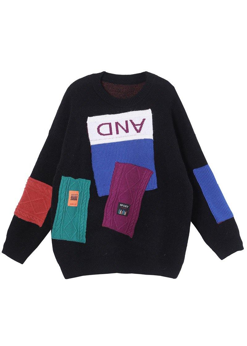 Black Colorblock Letter Fall Knit Sweater
