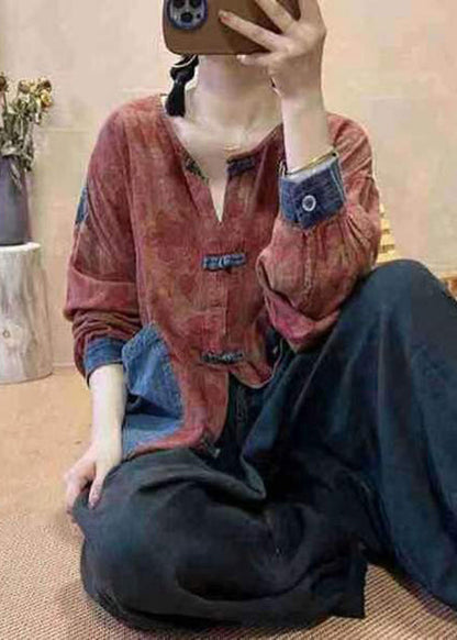 Navy Button Print Pockets Cotton Tops Fall