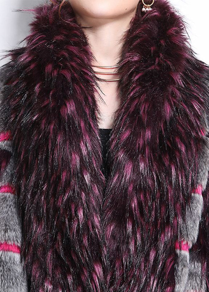 Green Fur Collar Patchwork Striped Fuzzy Fur Fluffy Coats Winter