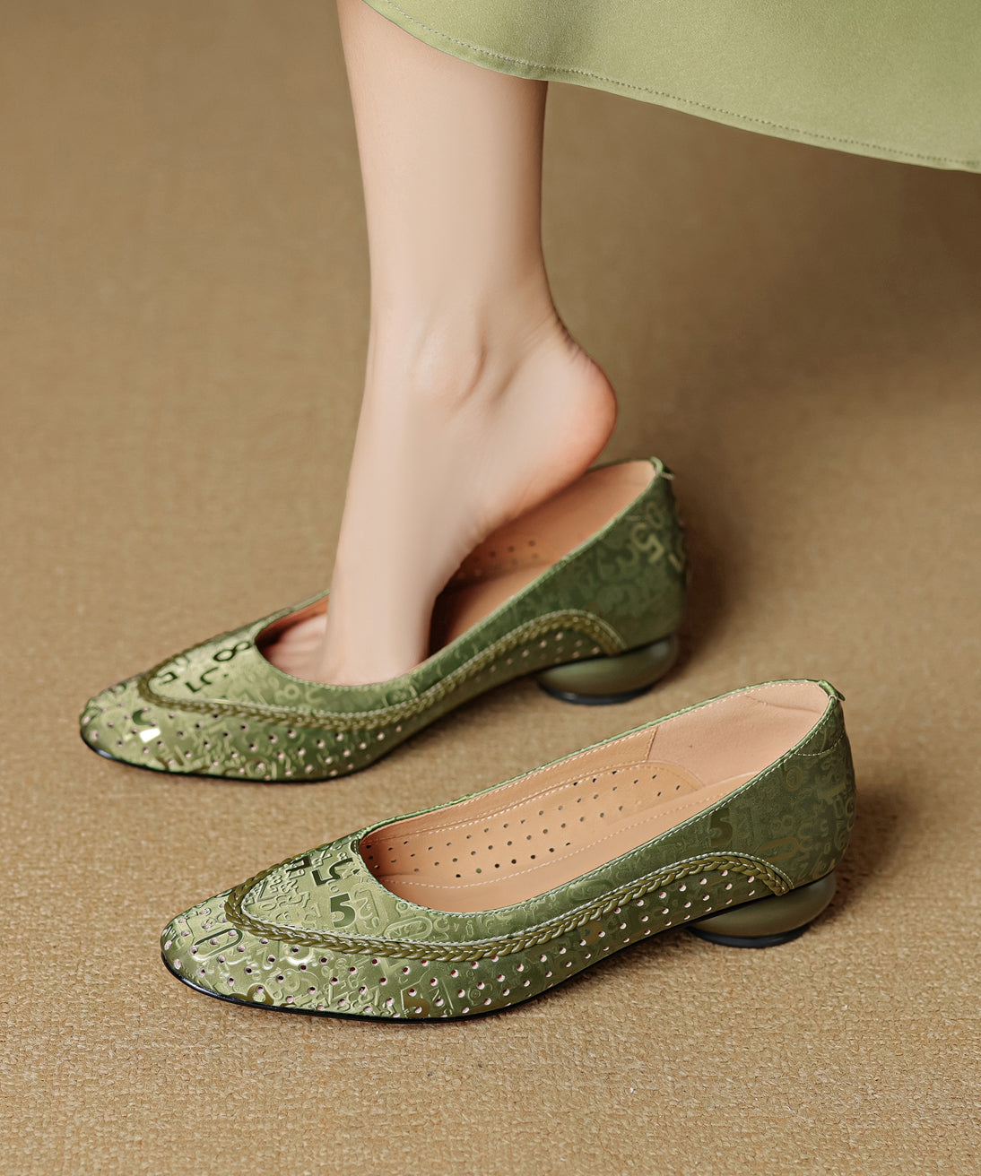 Splicing Chunky Shoes Green Cowhide Leather Breathable
