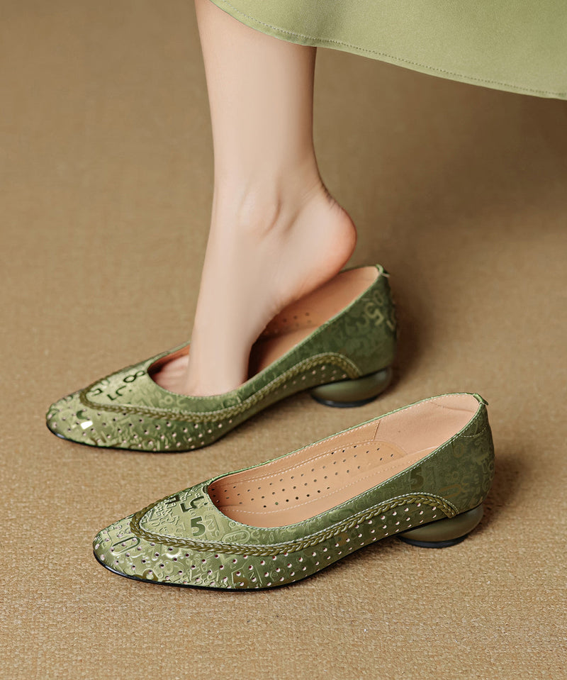 Splicing Chunky Shoes Green Cowhide Leather Breathable