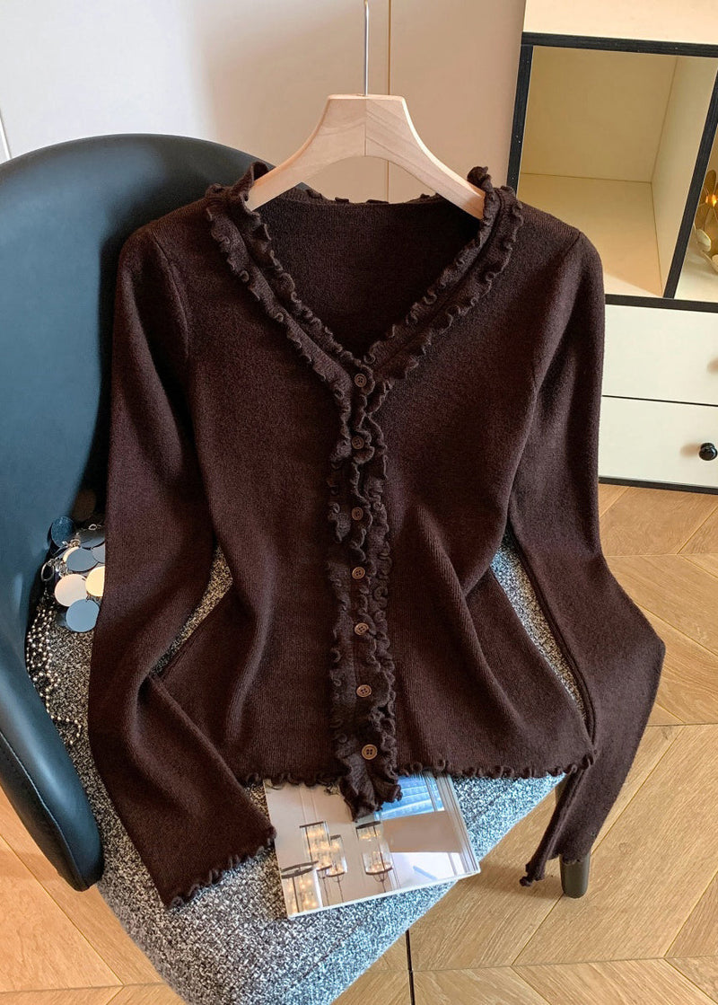Coffee Button Knit Fall Sweater Ruffled