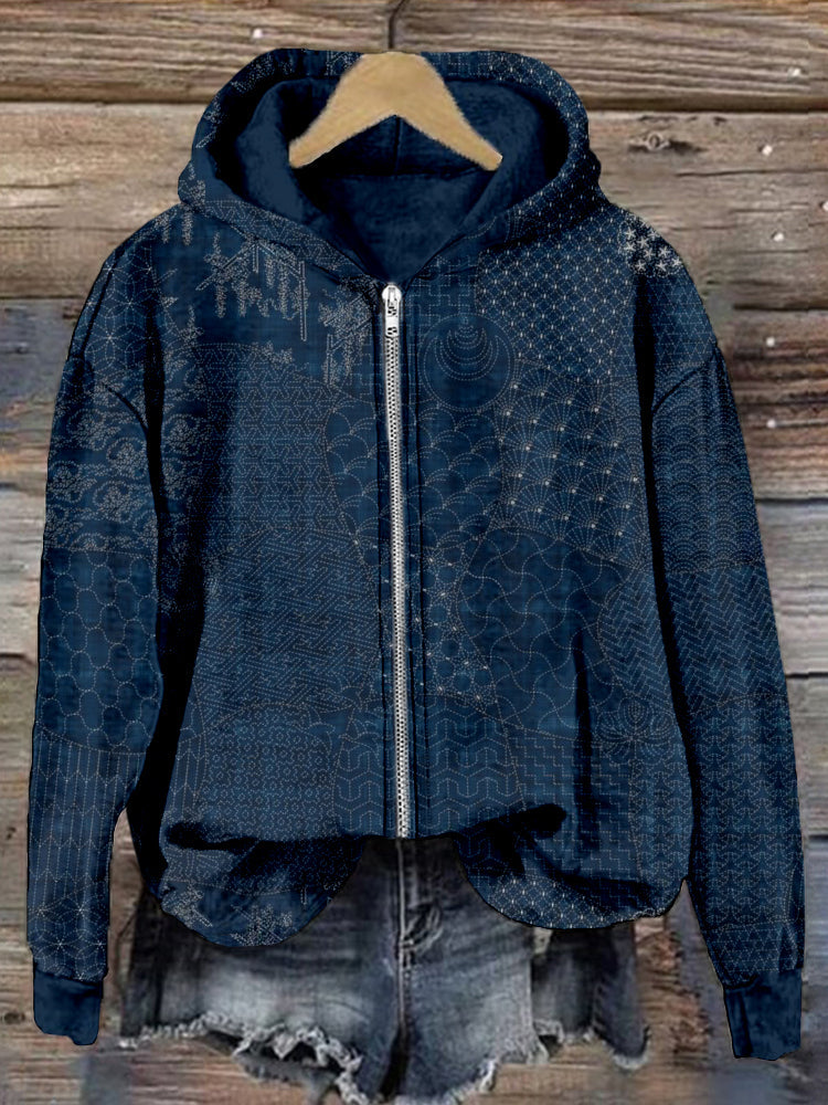 Comstylish Japanese Traditional Sashiko Art Comfy Zip Up Hoodie