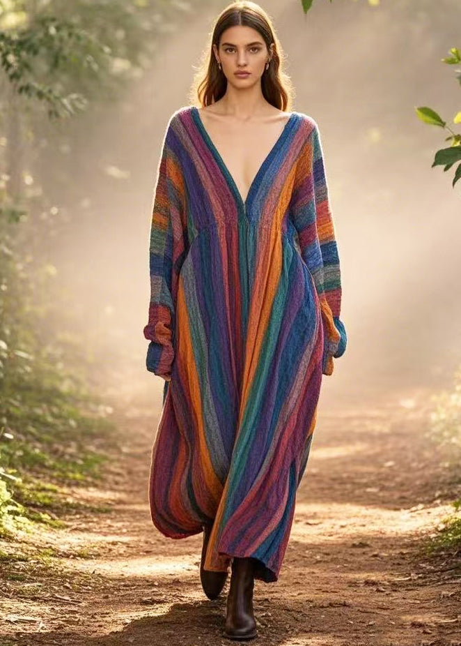 Rainbow Oversized Striped Cotton Long Dresses Spring