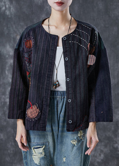 Black Oversized Patchwork Applique Cotton Coat Outwear Spring