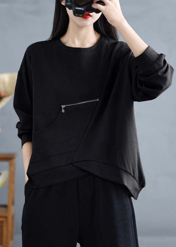 Black Pockets Patchwork Cotton Top Zip Up O-neck Spring