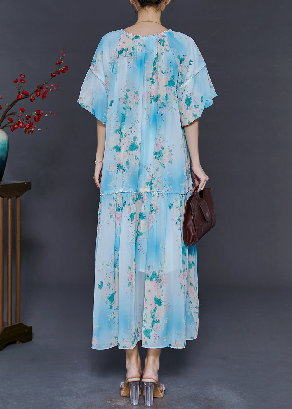 Diy Sky Blue Oversized Print Chiffon Long Dress Summer