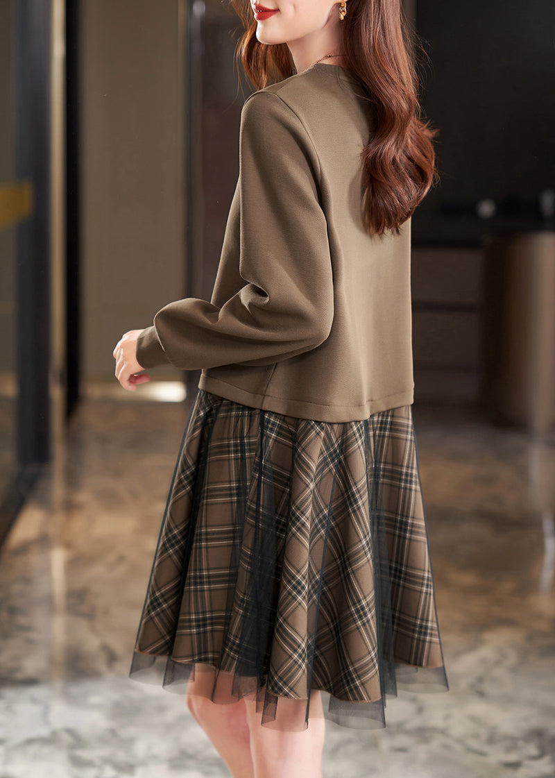Khaki Side Open Patchwork Cotton Fake Two Piece Dress Spring