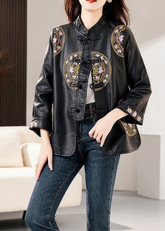 Loose Black Stand Collar Embroideried Chinese Button Faux Leather Jacket Fall