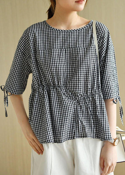 Stylish Black Plaid O-neck Asymmetrical Design Summer Tops Half Sleeve