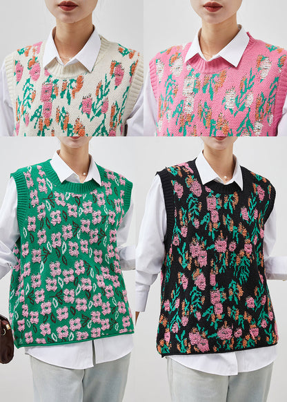 Green Jacquard Chunky Knit Vests Winter