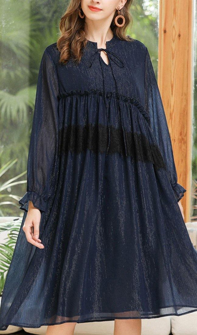 Navy Cinched Chiffon O-neck Summer Maxi Dress