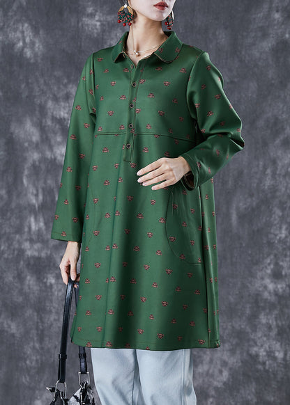 Dull Green Peter Pan Collar Print Cotton Dress Fall