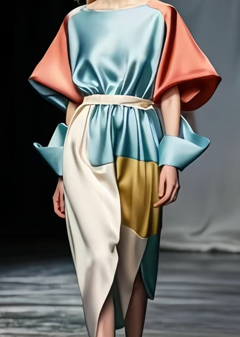Sky Blue Tie Waist Patchwork Side Open Silk Dresses Puff Sleeve Fall