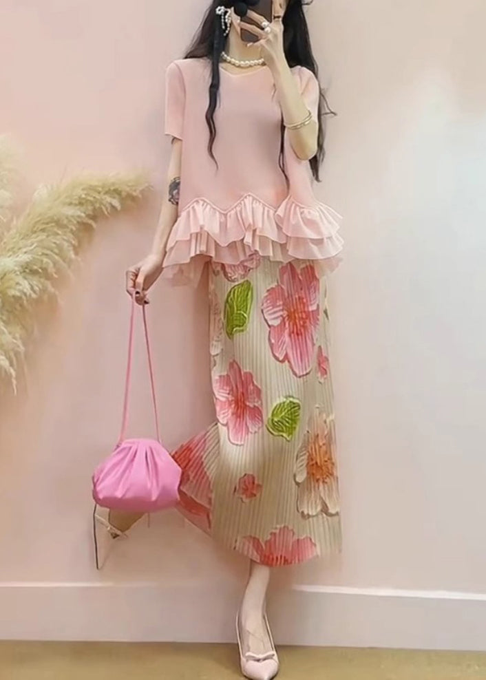 Pink Ruffled Patchwork Jacquard Silk Two Pieces Set Summer