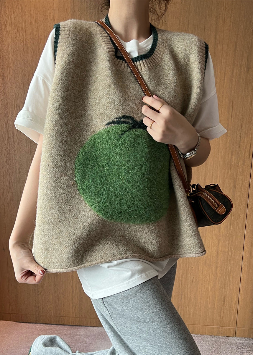 French Khaki O-neck Patchwork Print Woolen Knitted Vest Sleeveless