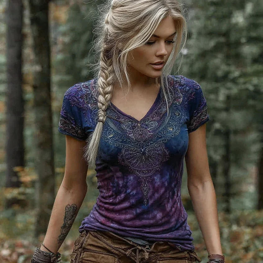 Women's Vintage Gradient Viking Celtic Knot Embroidered Art T-shirt artswardrobe