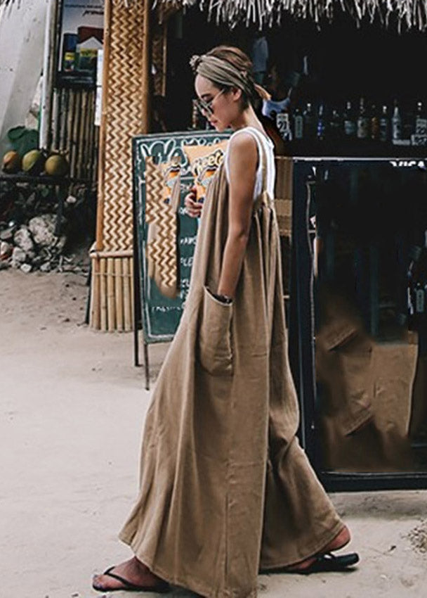 Khaki Spaghetti Strap Pockets Jumpsuit Pants Summer