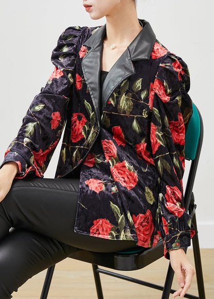 French Black Double Breast Velour Coats Puff Sleeve