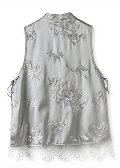 Diy Grey Embroideried Lace Patchwork Button Silk Coats Sleeveless