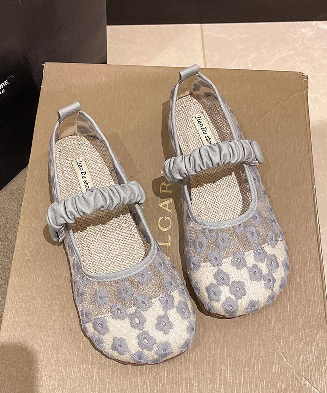Blue Walking Sandals Tulle Embroidery Buckle Strap Splicing