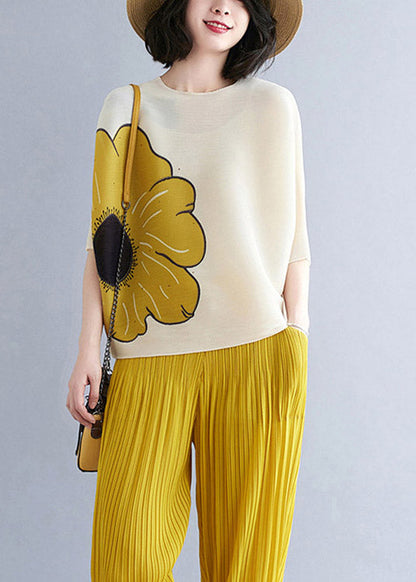 Loose Yellow O-neck Print Top Batwing Sleeve