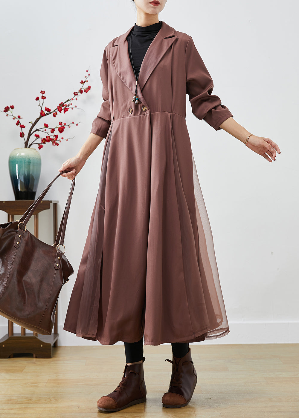 Khaki Lapel Exra Large Hem Patchwork Tulle Spandex Dress Fall
