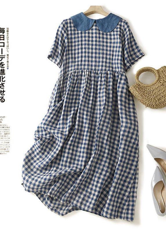Blue Peter Pan Collar Plaid Linen Dresses Summer