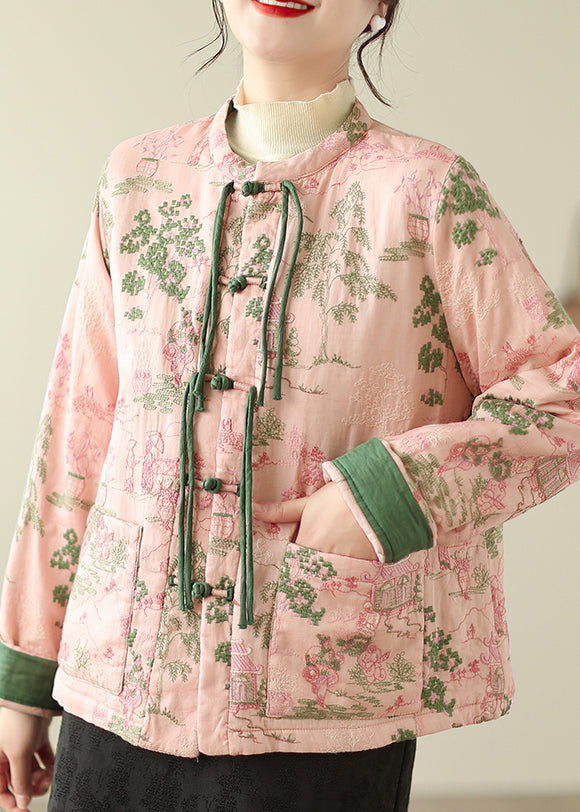 Pink Tasseled Embroideried Pockets Fine Cotton Filled Jacket Winter