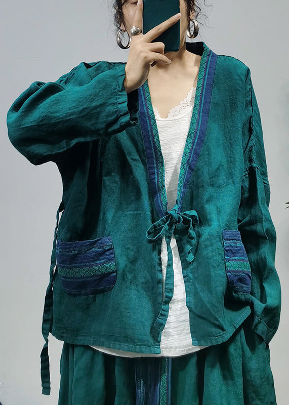 Blackish Green Pocket Linen Shirt Top a Line Skirt Two Piece Set Elastic Waist Long Sleeve