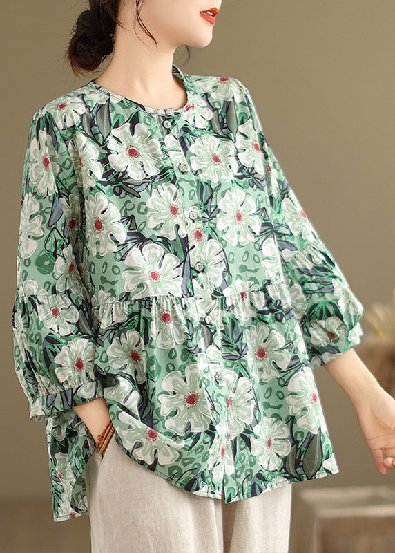Unique Green O-neck Button Wrinkled T Shirts Bracelet Sleeve