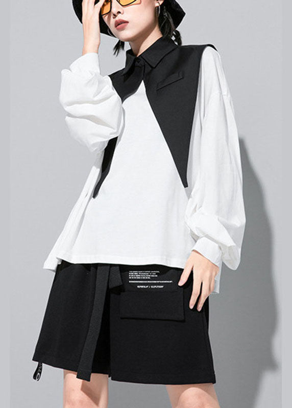Modern White Lantern Sleeve Patchwork Peterpan Collar Fall Shirt Top