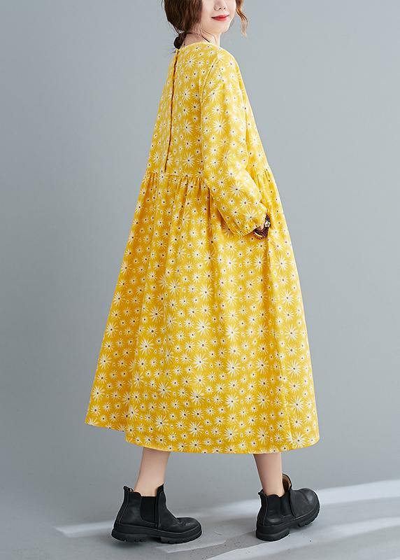 Loose Yellow O Neck Cinched Art Spring Dresses
