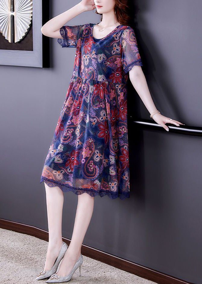 Blue O Neck Print Patchwork Tulle Dresses Summer