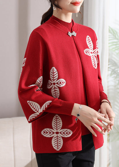 Red Print Knit Cardigans and Sweaters Two Pieces Set Fall
