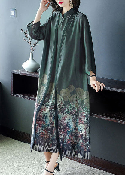 Blackish Green Print Silk Cardigans and Long Dress Two Pieces Set Button Spring