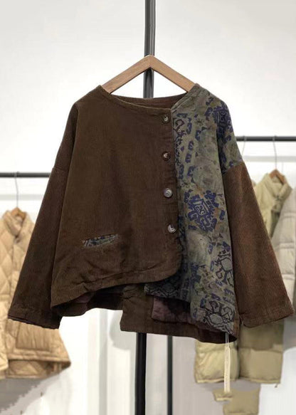 Coffee Asymmetrical Patchwork Corduroy Tops Fall