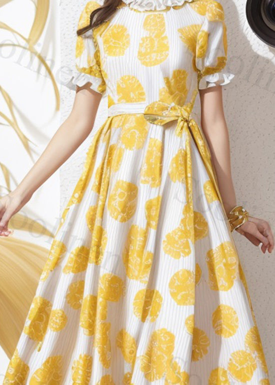 Loose Yellow Ruffled Print Lace Up Silk Dress Summer